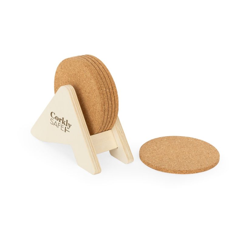 Cork coasters with wooden stand.