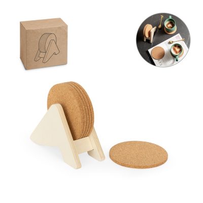 Cork coasters set with wooden holder.