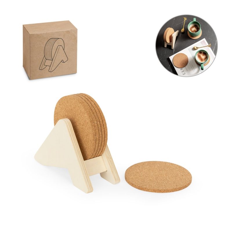 Cork coasters set with wooden holder.