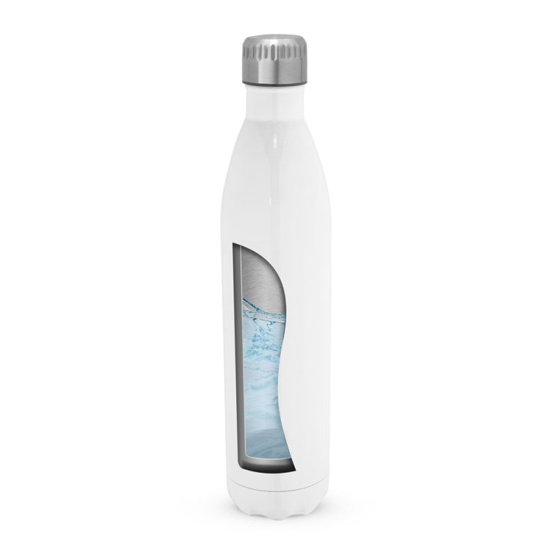 White insulated water bottle with transparent section.
