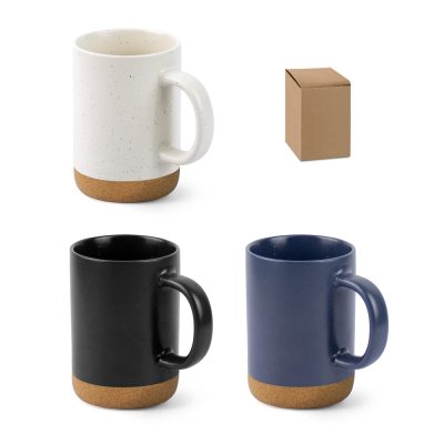Three mugs with cork base and packaging box.