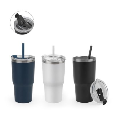 Three insulated tumblers with lids and straws.