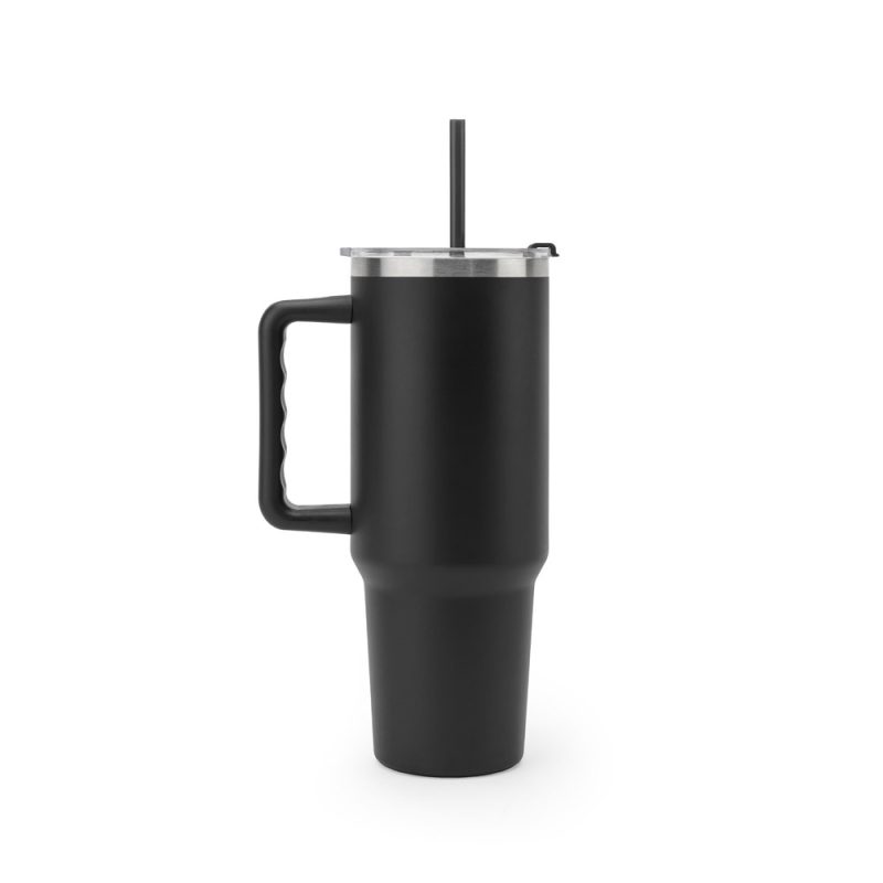 Black insulated tumbler with handle and straw