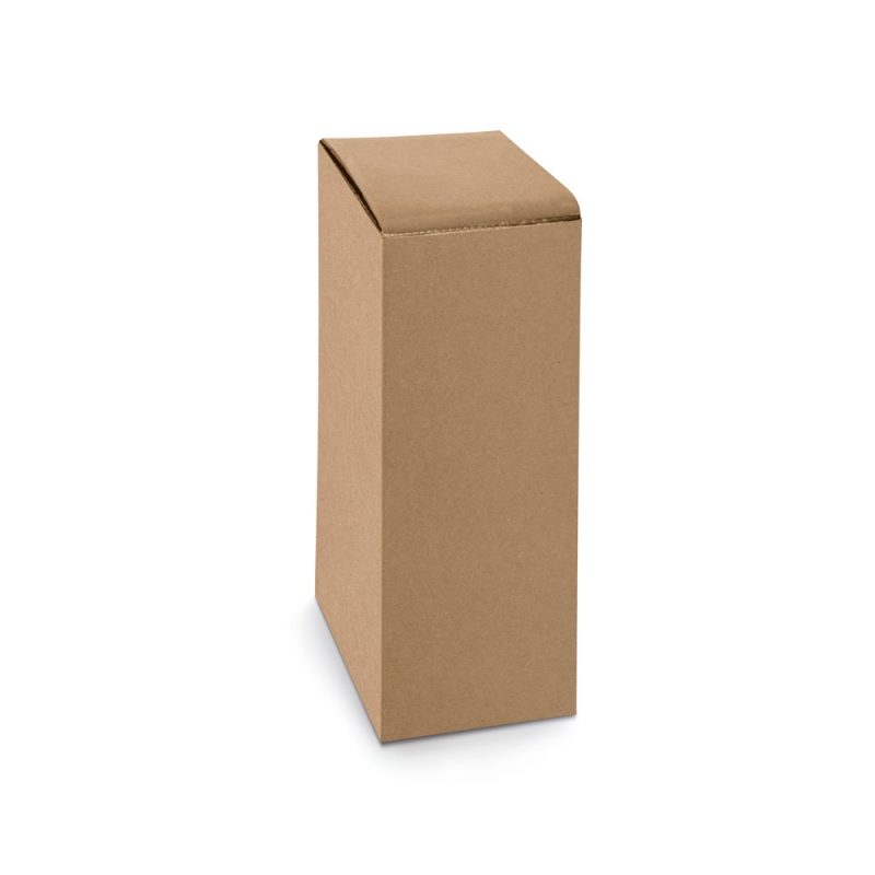 Tall brown cardboard box standing upright.