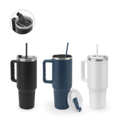 Three insulated travel mugs with lids and straws.