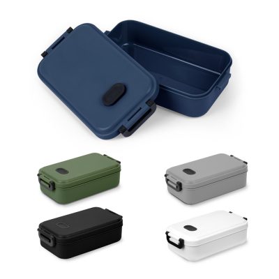 Five coloured lunch boxes, various angles and colours.