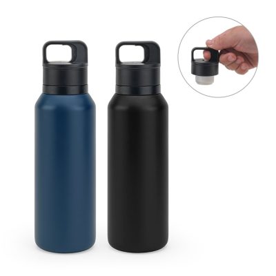 Blue and black thermal water bottles with lid.