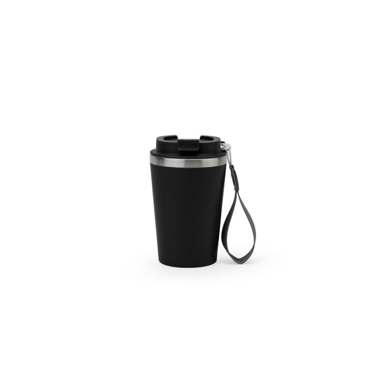 Black travel mug with strap