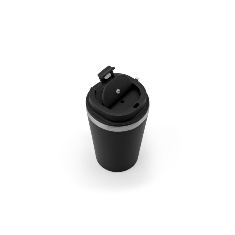 Black travel mug with closed lid.