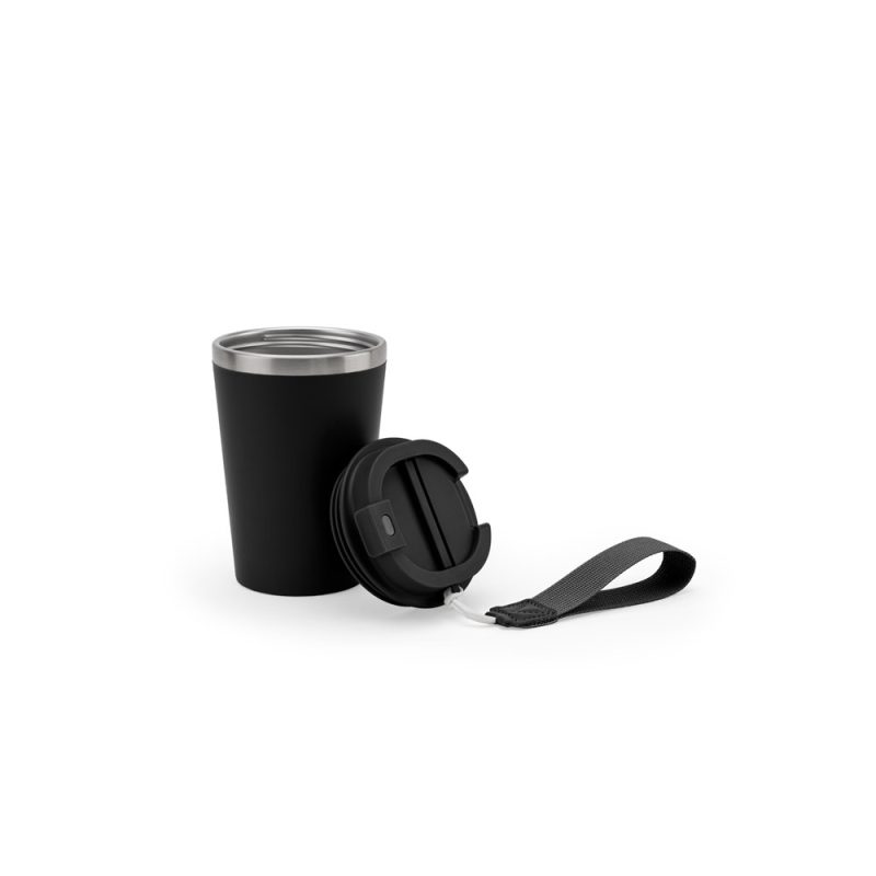 Black travel mug with detachable lid and strap.