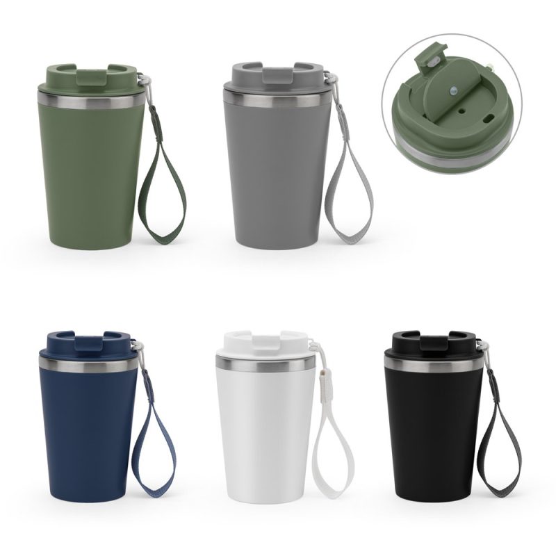 Reusable travel mugs in various colours with lids.