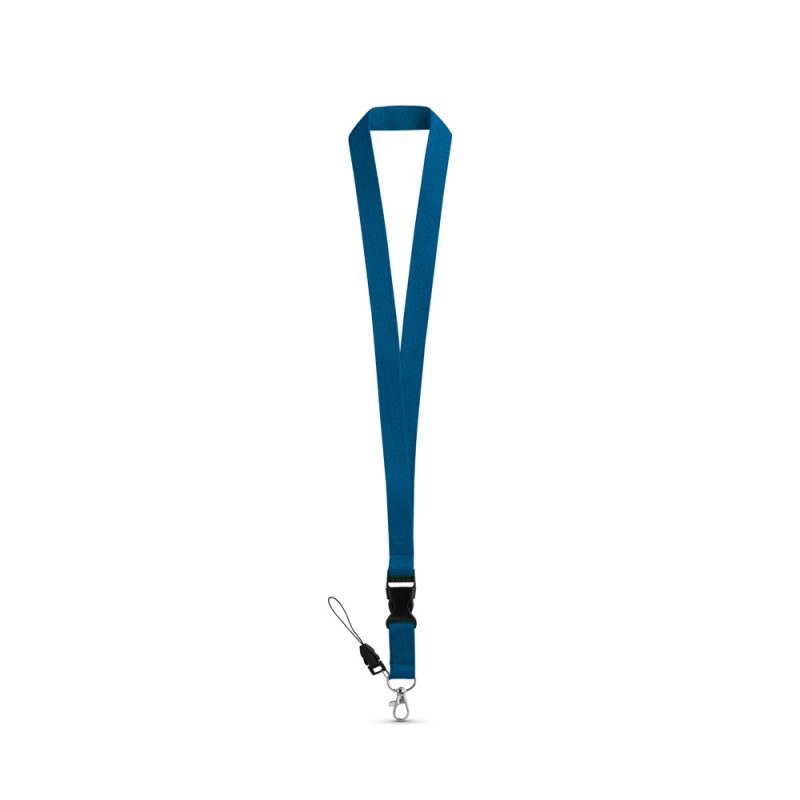 Blue lanyard with keyring attachment.