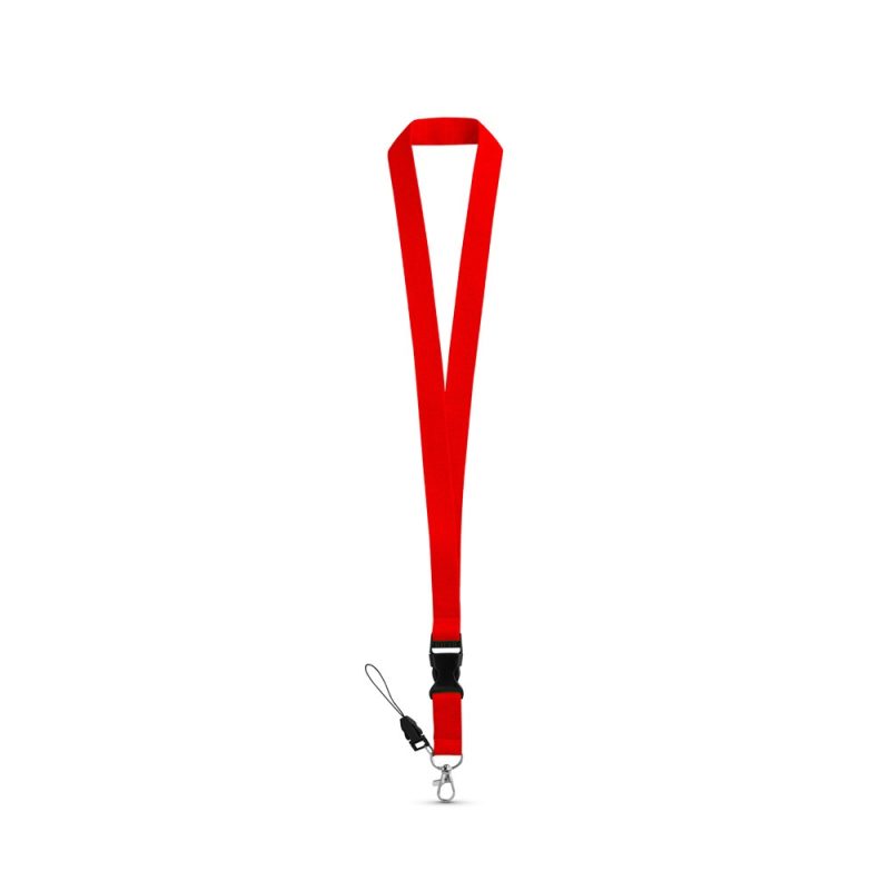 Red lanyard with metal clip and string attachment.