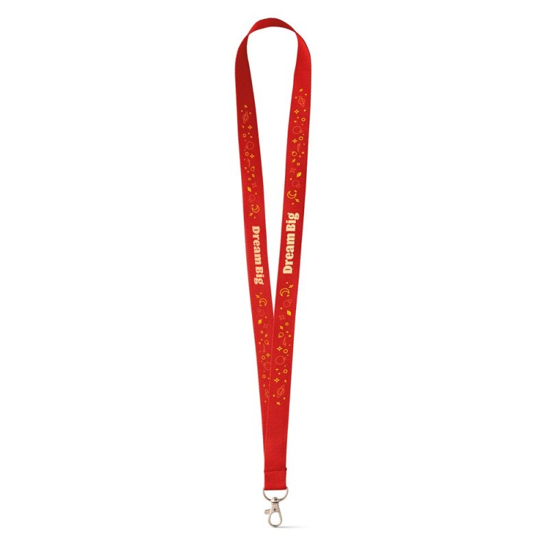 Red lanyard with 'Dream Big' message