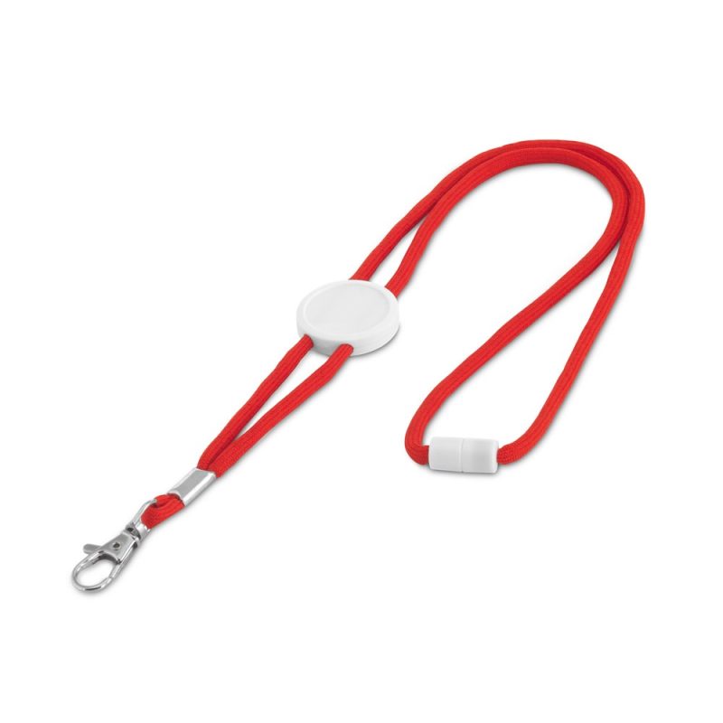 Red lanyard with detachable clip and round badge.