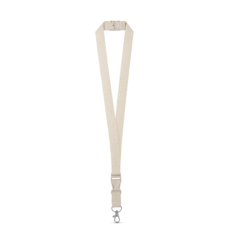 Beige canvas strap with metal clip attachment.