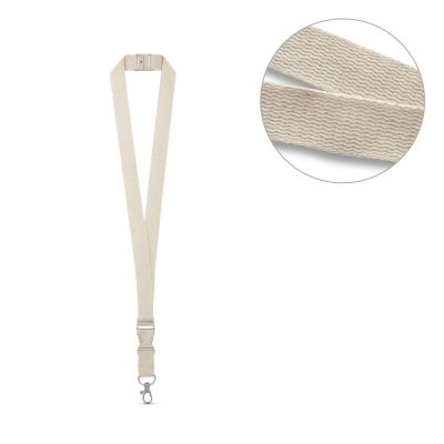 Beige lanyard with metal clip and texture detail.