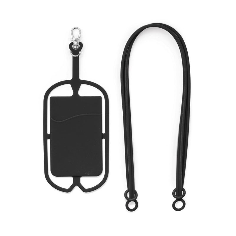 Black silicone phone holder with lanyard clip