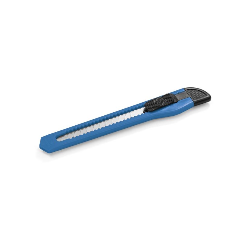 Blue utility knife on white background.