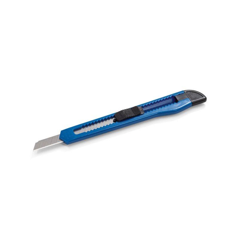 Blue utility knife on white background.