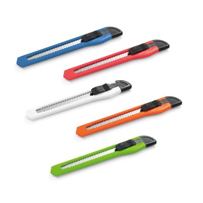 Five colourful retractable utility knives on white background.