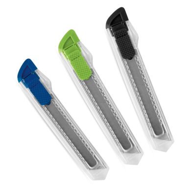Three colourful utility knives on white background