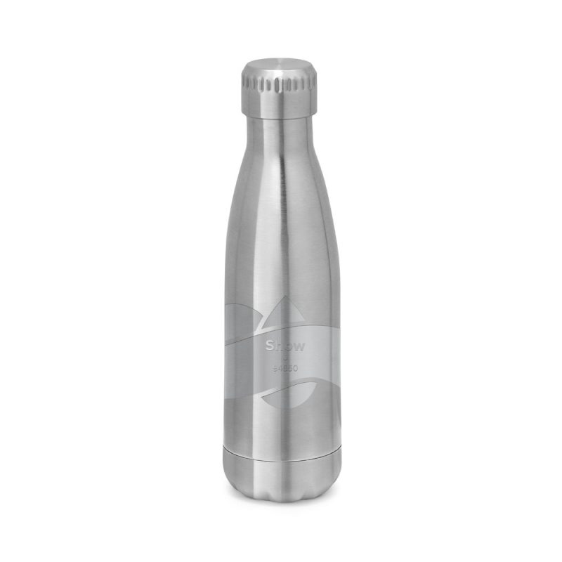 Silver stainless steel water bottle on white background.