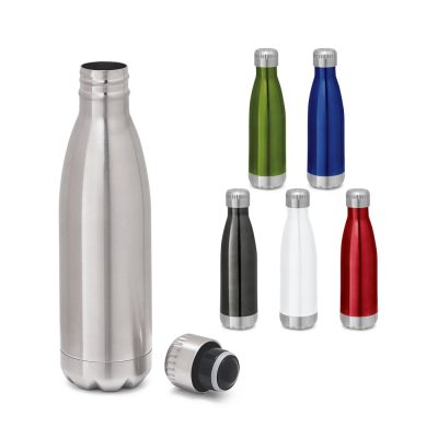 Stainless steel water bottles in various colours.