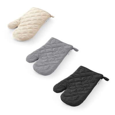 Three quilted oven mitts in beige, grey, black.