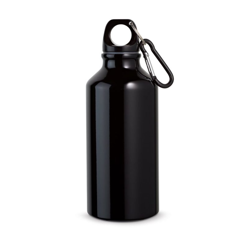 Black metal water bottle with carabiner clip