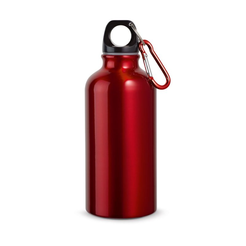 Red metal water bottle with carabiner clip.