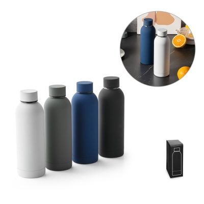 Assorted colourful insulated water bottles on display.