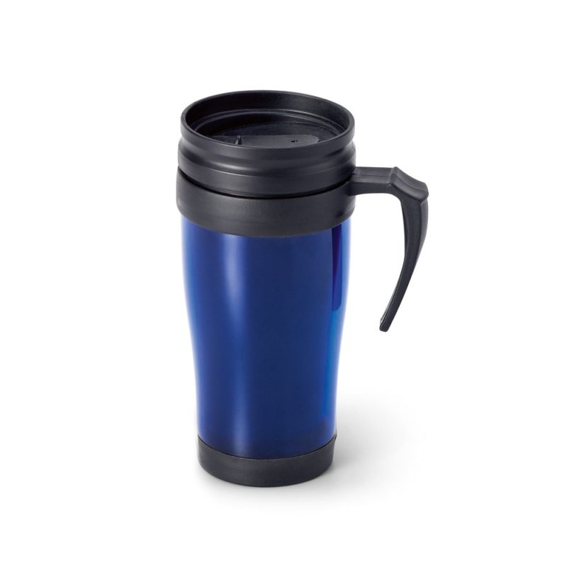 Blue travel mug with black handle and lid.