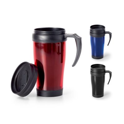 Three colourful travel mugs with handles and lids.