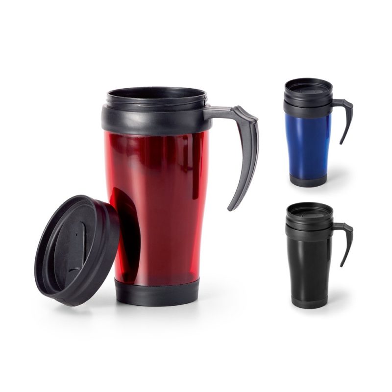 Three colourful travel mugs with handles and lids.