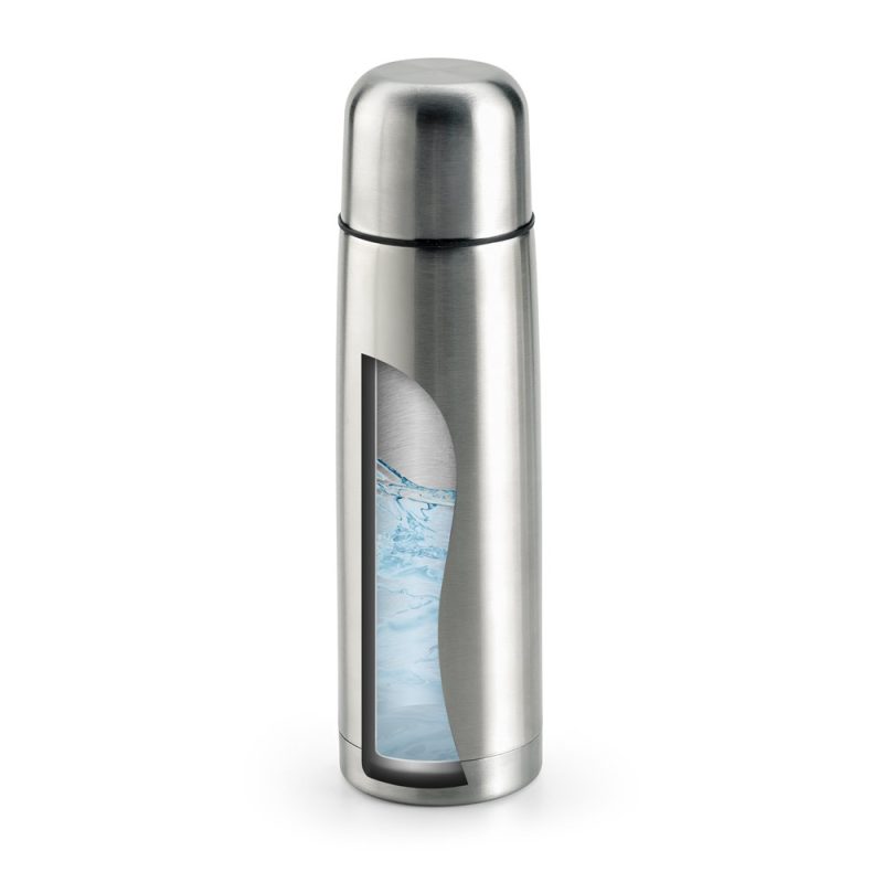 Stainless steel thermos with water design.