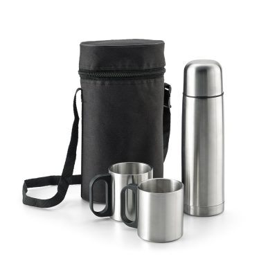 Stainless steel thermos set with cups and carry case.