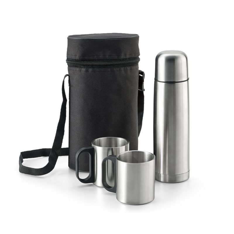 Stainless steel thermos set with cups and carry case.