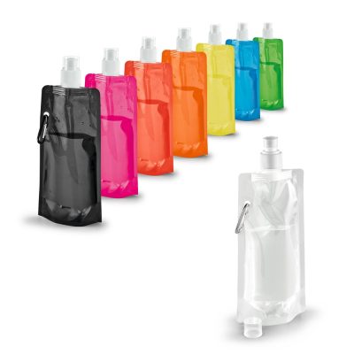 Colourful reusable water bottles with carabiners.