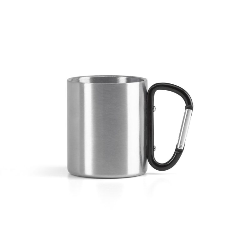 Stainless steel mug with carabiner handle.