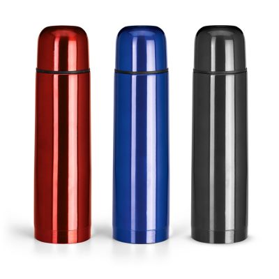 Three coloured metal thermos flasks: red, blue, black.