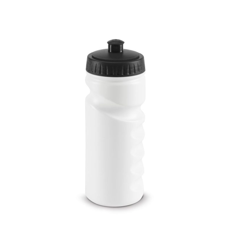 White plastic sports water bottle with black lid.