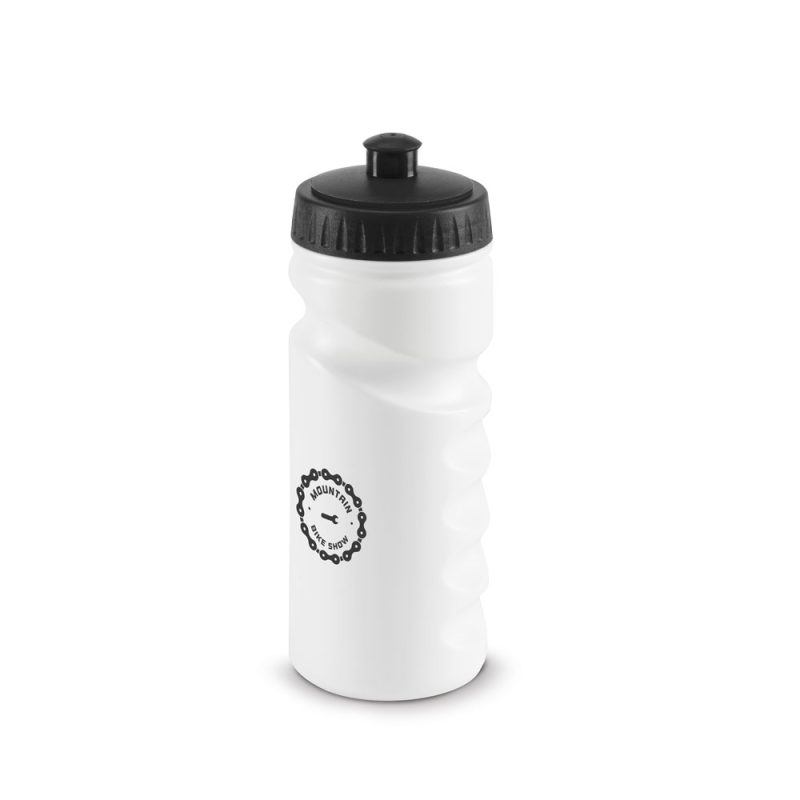 White sports water bottle with black cap