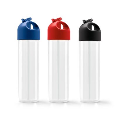 Three bottles with blue, red, black lids.