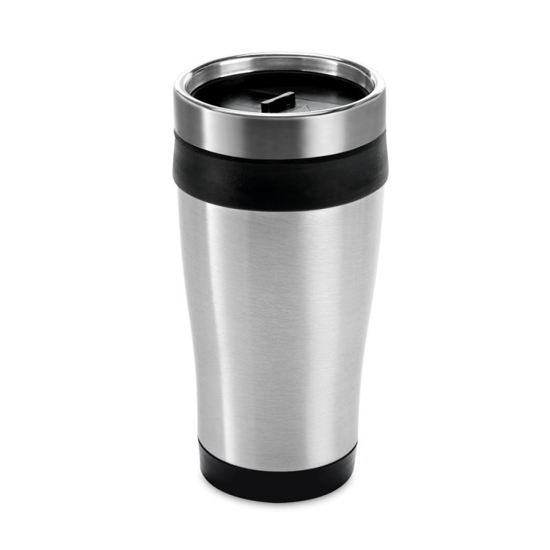 Stainless steel travel mug with black lid.