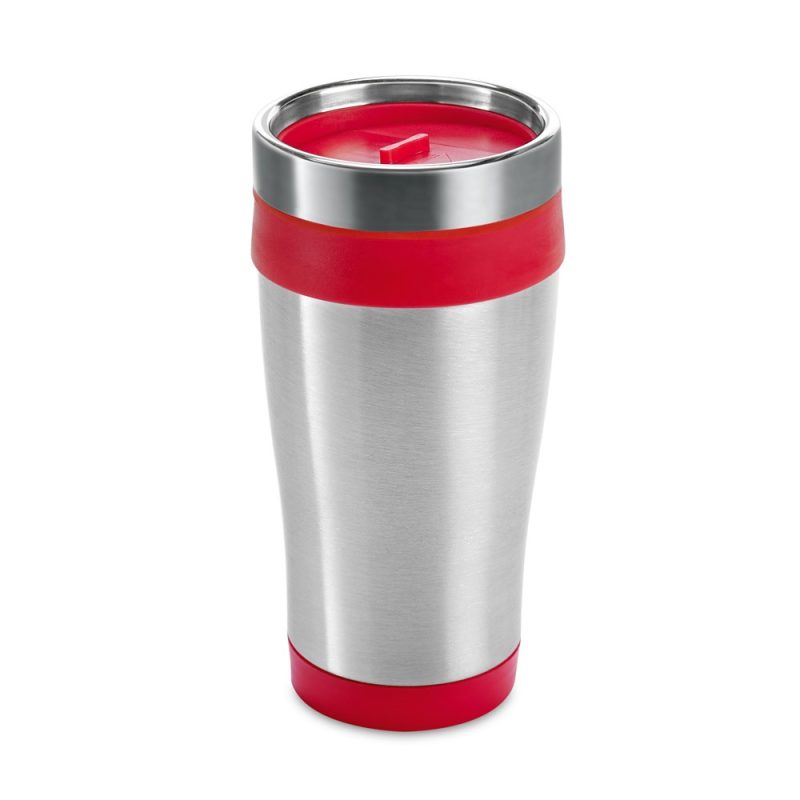 Stainless steel travel mug with red lid.