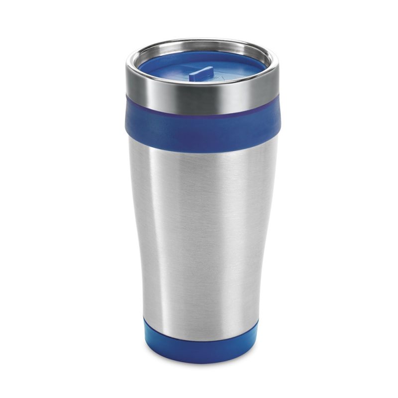 Stainless steel travel mug with blue lid