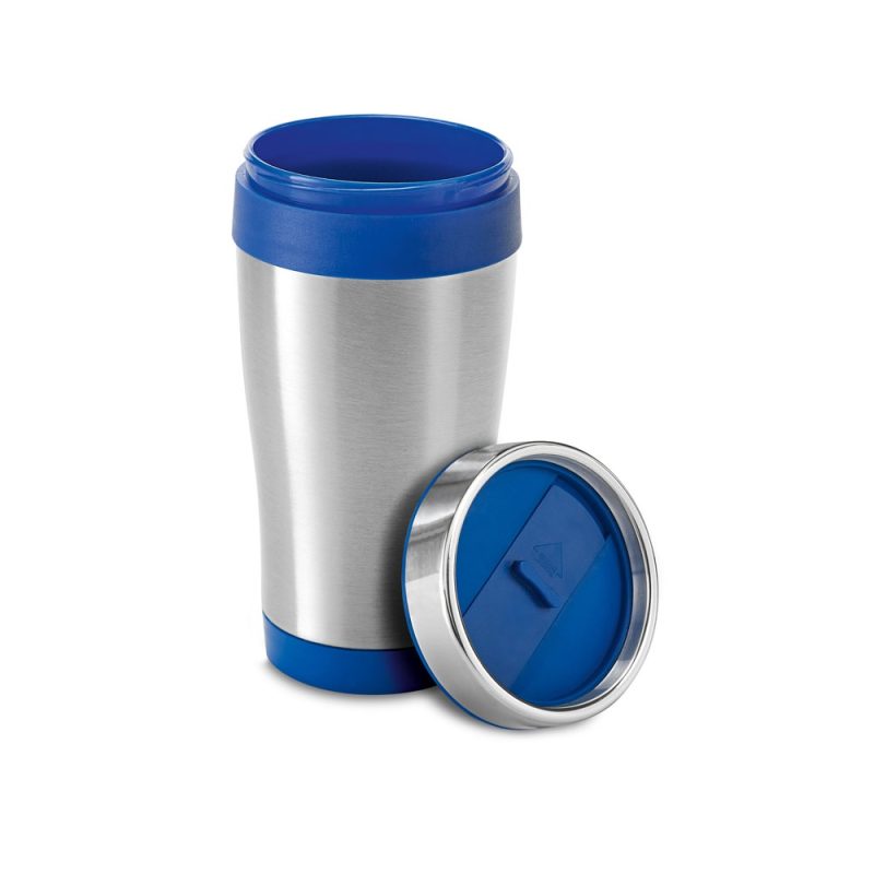 Stainless steel travel mug with blue lid.