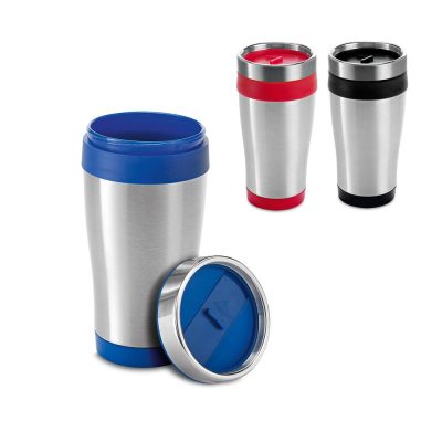 Stainless steel travel mugs with coloured lids.