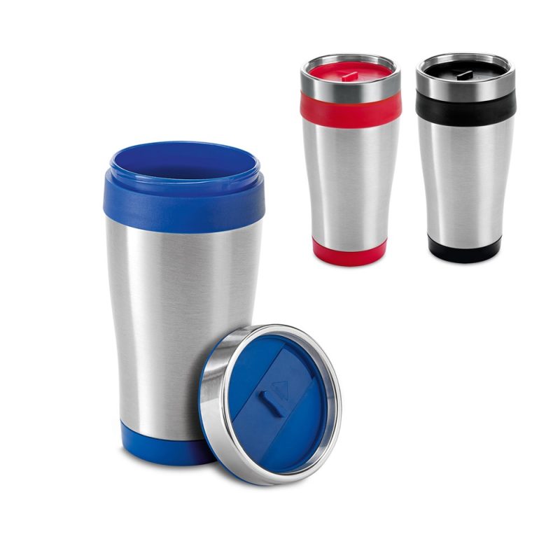 Stainless steel travel mugs with coloured lids.